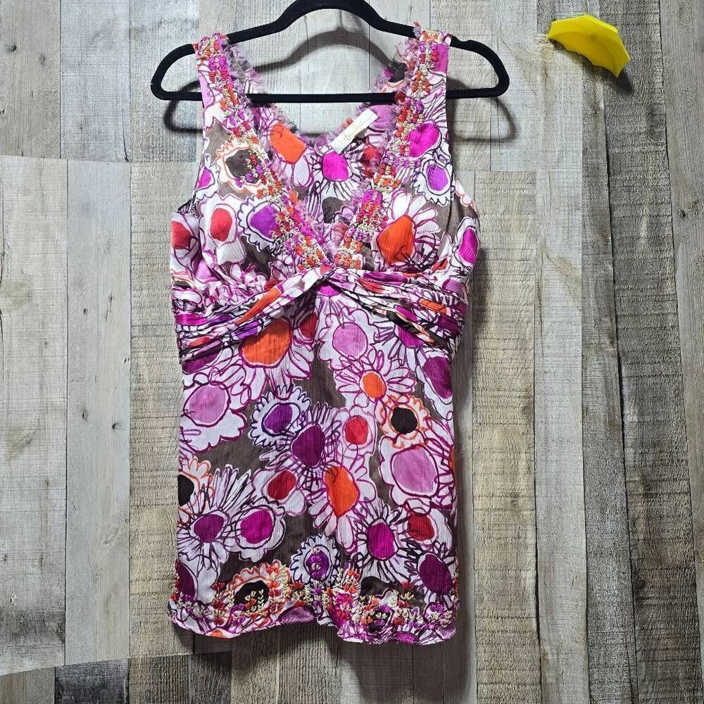 Ebene by Patrick Assuline Vintage Y2K pink Floral Silk Tank Top